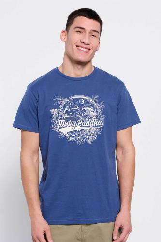 Funky Buddha ανδρικό βαμβακερό T-shirt μονόχρωμο με Hawaiian style logo print μπροστά - FBM007-348-04 Μπλε M